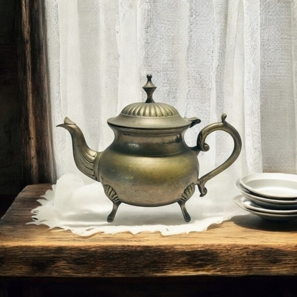 Rare VNTG Footed Ornate Teapot with Handle EPNS Solid Brass Tea Kettle Decor